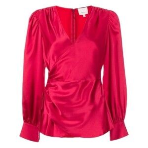 NWT Cinq à Sept Dorothea Liquid Silk Surplice Blouse Raspberry Red Size Medium